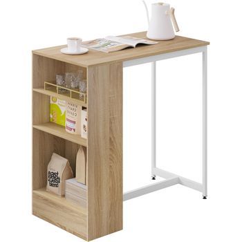 Mesa De Bar, Mesa De Cocina Con 3 Compartimentos, Estructura Metálica, 91x49x91cm, Roble Claro + Blanco