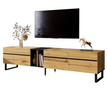 Mueble De Tv Moderno De 180 Cm Con Puerta Abatible, Estantes Abiertos Y Puertas Dobles.