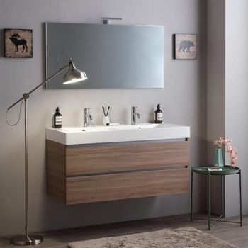 Mueble De Baño Suspendido 120cm Cajones Roble Natural, Lavabo En Resina Y Espejo 120x60 | Vittoria