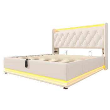 Cama Tapizada Blanca De Pu 140 X 190 Cm Con Led Perimetral, Usb-c Y Almacenaje Elevable
