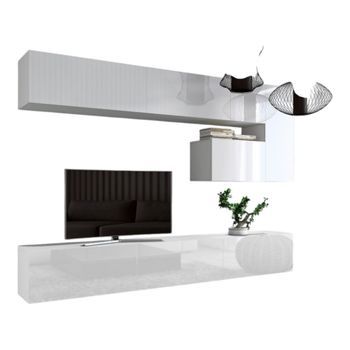 Conjunto De Muebles De Salón Suspendidos Blancos Colección Cepto Xv. 249cm, 8 Muebles, Leds.