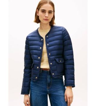 Tommy Hilfiger para mujer. WW0WW49660 Chaqueta slim de plumón que repele el agua marino (S), Casual, Nylon