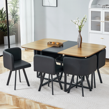 Conjunto De Mesa Y Sillas - Mueble Para Comedor - Mdf, Metal Y Pu - Negro Y Madera