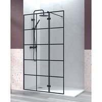mampara de ducha fijo de ducha  1 puerta abatible cuadricula cristal templado 6mm antical  195cm altura  70-120cm  negro mate - cuadricula negra - 90cm  40cm