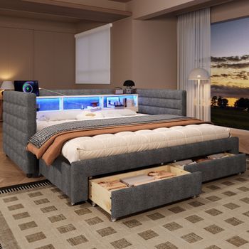 Sofá Cama 90x190 Cm De Terciopelo Gris Con Led, Cajones Y Puertos Usb