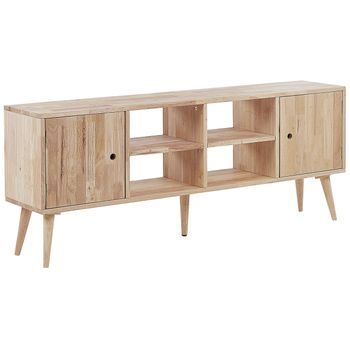 Mueble Tv De Madera De Caucho Marrón Claro 2 Puertas Almacenaje Estante Retro Escandinavo Sala De Estar Chandler