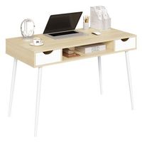 escritorio de metal y madera mesa de oficina con 2 cajones y 1 compartimento abierto acabado en roble