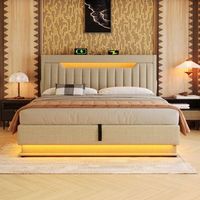 cama de matrimonio 180x200 tapizada en lino beige almacenaje hidraulico y luces led
