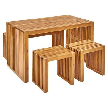 Conjunto De Jardín 4 Piezas Interior Exterior Mesa Banco Taburetes Madera De Acacia Clara Bellano