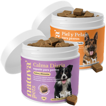 Calma + Piel y Pelaje para Perros - Pack Calma & Brillo Natuva Pets (240 Masticables) - Bienestar Emocional, Piel Sana y Pelo Brillante - Con L-Triptófano, Omega 3, Biotina y Zinc