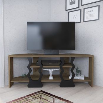Mueble Tv Esquinero|compartimentos Abiertos|110 Cm | Roble Oscuro Y Negro Firal