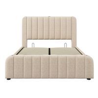 cama con almacenaje de 160x200cm en tela de lino con carga usb y tipo c decorada con rayas doradas beige