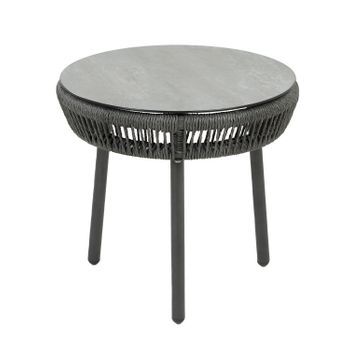 Mesa Auxiliar Cristal Templado, Ratán Tipo Cuerda, Aluminio Y Ratán Sintético Redondo, Color Antracita, 49x47cm Alto