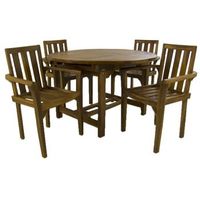 conjunto exterior de madera teca mesa redonda extensible 120 a 180 cm y 4 sillones apilables madera teca grado a tratamiento al agua aplicado juego de comedor de teka set sillas y mesa de teka