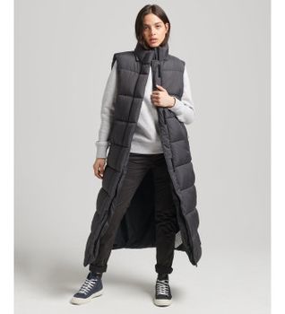 Superdry para mujer. W5011444A Chaleco largo con capucha Ripstop negro (S), Casual, Poliéster
