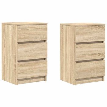 Pack 2 Uds Mesillas De Noche | Mesita De Noche Con 3 Cajones Roble Sonoma 39x35x65 Cm