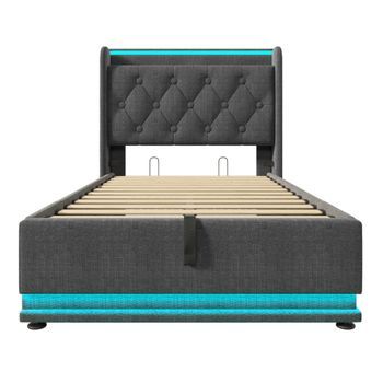 Cama Individual Tapizada 90*200 - Led 360, Hidráulica, Cabecero Acolchado Con Usb Tipo-c - Gris