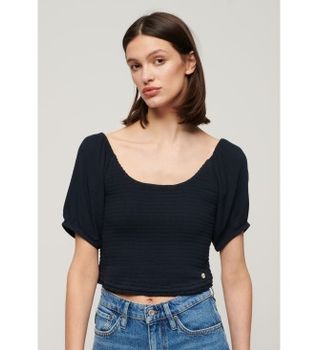 Superdry para mujer. W6011857A Camiseta tejida fruncida marino (XS), Casual, Viscosa, Manga corta