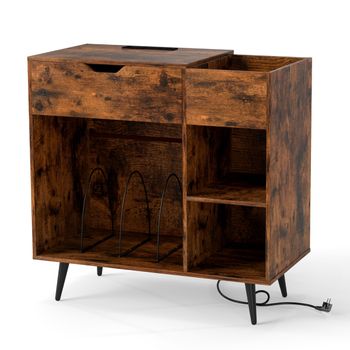Costway Soporte para Tocadiscos con Enchufe Estante de Tocadiscos con Cajón Mesa de Vinilos para Álbumes Estante de Exhibición para Salón Marrón