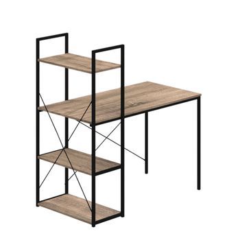 Mesa Escritorio Con Estantería 3 Estantes Acero Estilo Industrial Color Negro Y Roble Claro 113 Cm