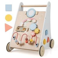 fantask andador 7 en 1 de madera con caja de almacenamiento color blanco con tablero de juego espejo y bloques de construccion para bebes a