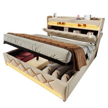 Cama Doble 160x200 Con Almacenamiento Hidráulico Y Led 360°, Cama Tapizada De Lino Beige