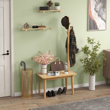Mesa Auxiliar 2 En 1 De Madera Maciza Con Banco Para Zapatos Y Ganchos Para Bolsos Abrigos 76x43x168 Cm Natural Cfw12181