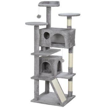 PawHut Rascador para Gatos Altura 138 cm Árbol para Gatos con Múltiples Niveles Cuevas Bolas Colgantes y Hamacas Gris Claro