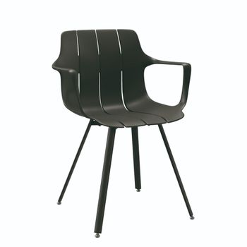 Silla moderna en polipropileno negro con reposabrazos.