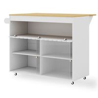 isla de cocina movil con encimera extensible puertas correderas de vidrio templado estantes regulables barra para panos y ruedas frenablesrblanco y natural