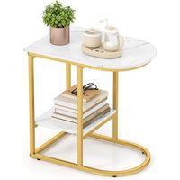 costway mesa lateral en forma de c moderna con superficie de marmol artificial y estante mesa de sofa de 2 niveles para salon dormitorio blanco