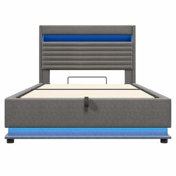 Cama Tapizada 140x200 Cm - Con Función De Carga Usb Tipo-c, Iluminación Led, Almacenamiento Hidráulico, Compartimento Flip-top, Sin Colchón, Control Por Botón/app - Gris