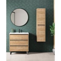 mueble de bano al suelo con lavabo ceramico  3 cajones con cierre amortiguado y organizador  100 cm - roble natural - negro