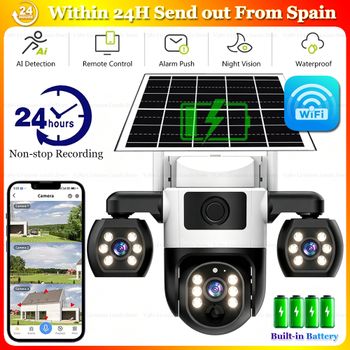 Cámaras Solares WiFi con 3 Lentes y 3 Ángulos de Monitoreo, Protección de Seguridad Inteligente para el Hogar en Exteriores, Visión Nocturna HD, Control Remoto PTZ 360, Energía Solar Inalámbrica,