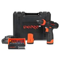 dnipro-m taladro atornillador 12v 25nm 2x baterias 2ah 10 puntas incluidas 2 velocidades portabrocas rapido ligero 105kg maletin y cargador