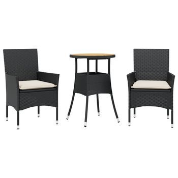 Set De Comedor Jardín 3 Uds | Mueble Jardin Mesa Y Sillas Con Cojines Ratán Pe Acacia Negro