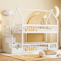 literas 2 x 90 x 200 cm con 3 cajones barandillas de seguridad y techo - madera maciza  contrachapado  mdf - blanco sin colchon