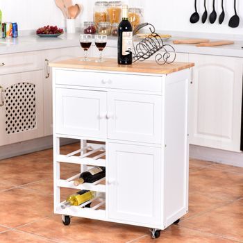 Carrito De Cocina Madera Con Rueda Cajón Estantería De Vino Blanco