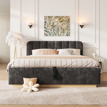 Cama Tapizada 140 X 200 Cm De Chenilla Antracita Con Canapé Hidráulico, Cabecero Y Luz Led