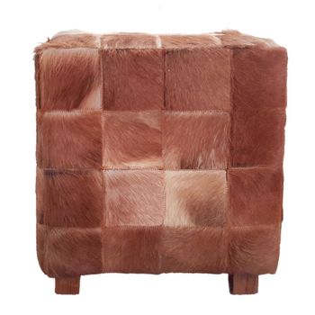 Taburete cuadrado de piel de cabra, blanco y marrón 45x45 cm