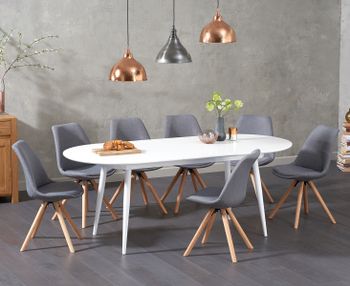 Olivia Extending White High Gloss Dining Table with 4 Oscar Fabric Round Leg Chairs