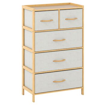 Costway Cómoda de 5 Cajones para Dormitorio Torre de Almacenamiento de Bambú con 5 Cajones Plegables de Tela y Estante Superior Unidad Natural