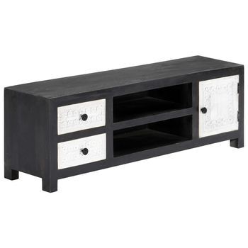 Mueble Tv | Mueble De Salón | Armario Tv Tallado A Mano Mango Gris Blanco 120x30x40 Cm