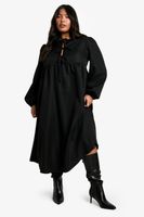 vestido plus midi holgado de tela con atadura frontal negro