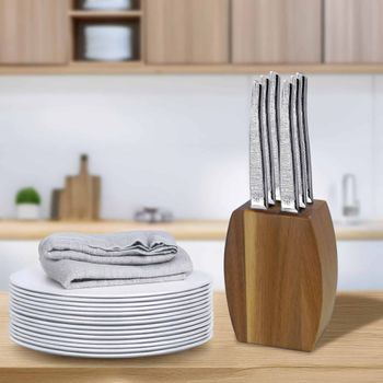 Bloque de madera de acacia con 6 cuchillos para carne acero inoxydabl