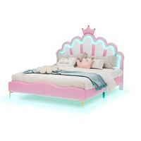 cama doble tapizada - cama princesa con led ajustable - cama infantil - 140 x 200 cm - rosa