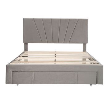 Cama Doble Tapizada En Terciopelo 140x200cm Con Cajón Grande Gris