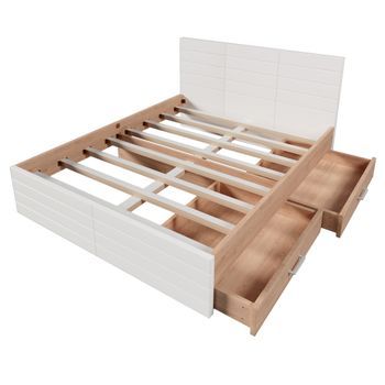 Cama Doble 160x200 Cm, Roble, 2 Cajones, Almacenamiento, Listones Incluidos, Moderna, Sin Colchón, Blanca