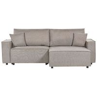 sofa cama esquinero seccional moderno de tela de poliester respaldo tapizado con cojines sala de estar izquierdo gris pardo karila