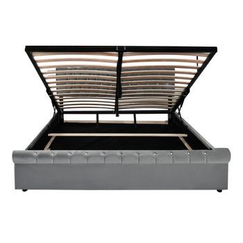 Cama Contenedor Tapizada 160x200cm Tela Terciopelo Cabecero Ajustable Gris